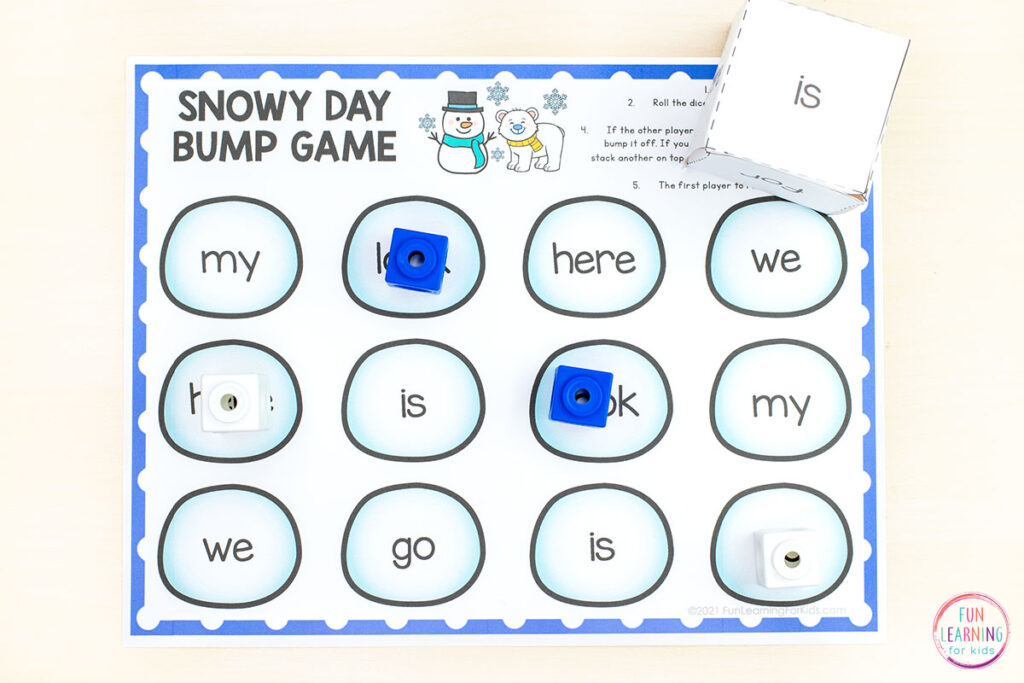 Snowball bump game for word work during winter literacy centers.