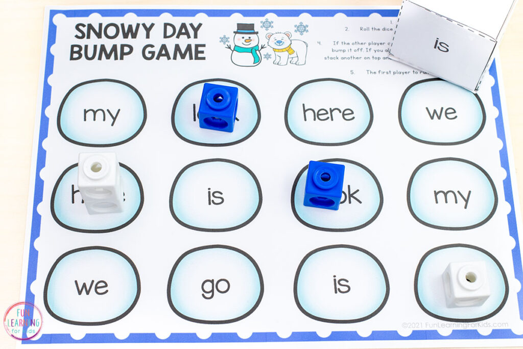 A winter word work editable bump game for your snow theme winter literacy centers.