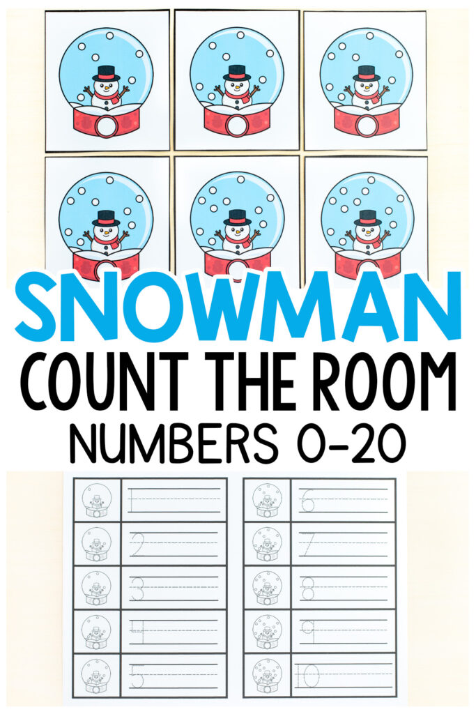 A free snowman count the room math activity for winter math centers.
