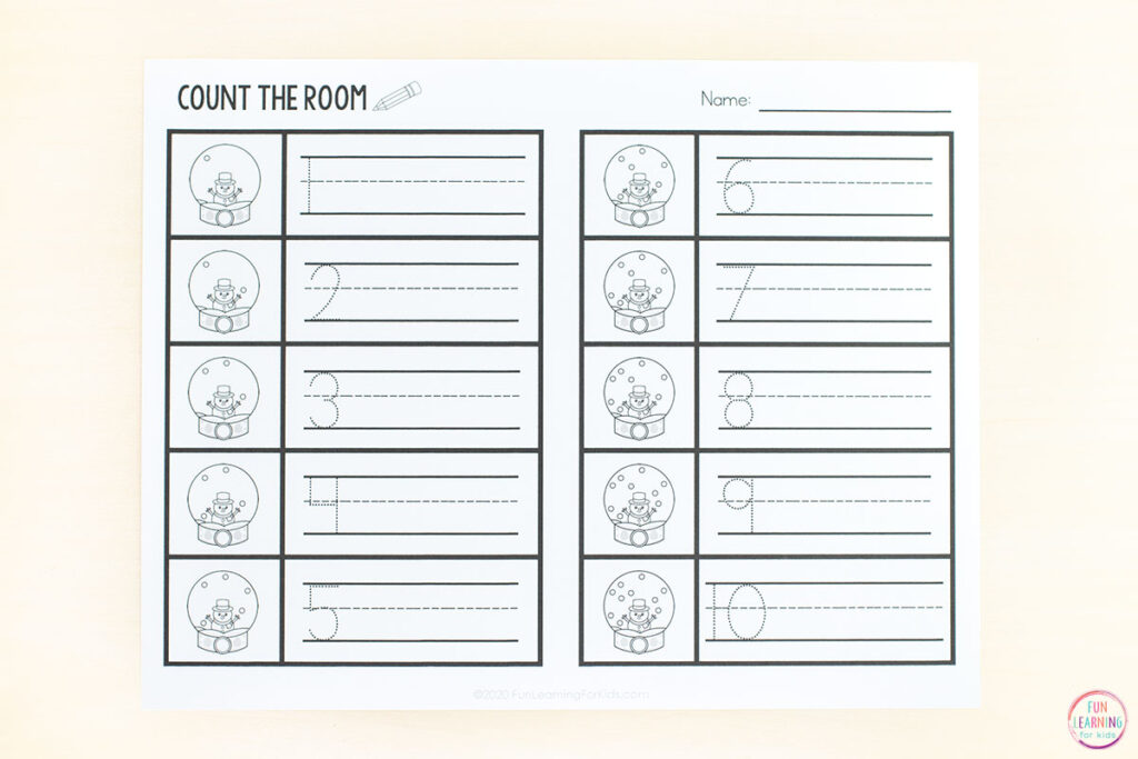 Number formation recording sheet for snowman count the room math activity.