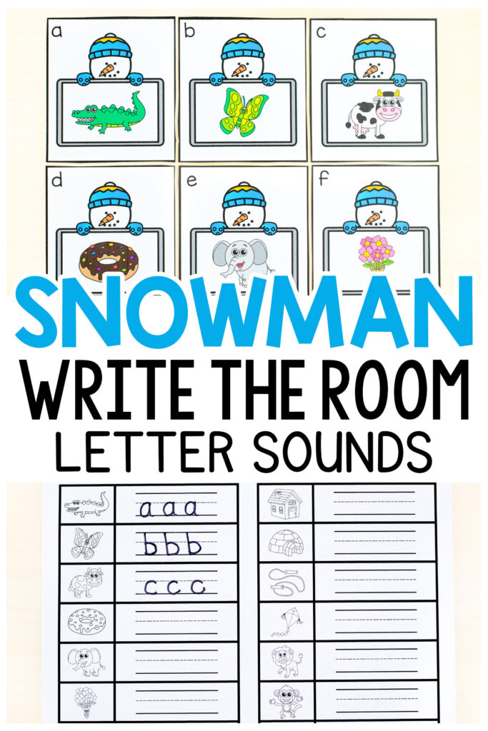 Snowman beginning sounds write the room alphabet activity for winter literacy centers in preschool and kindergarten.