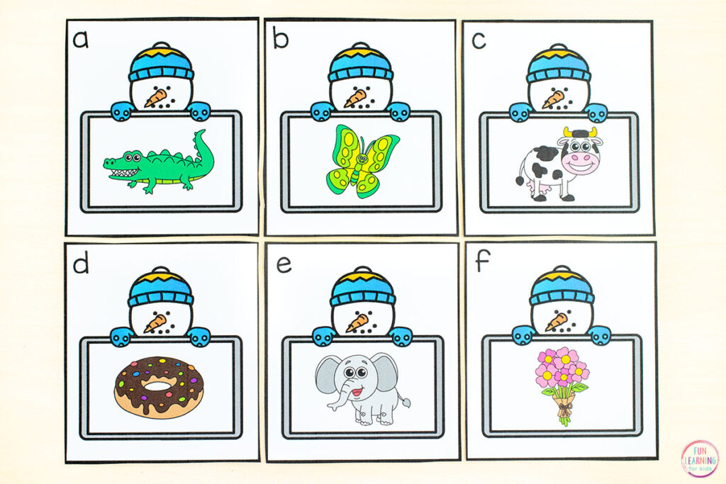 Snowman letter sounds write the room alphabet activity for learning to identify beginning letter sounds and write letters of the alphabet.