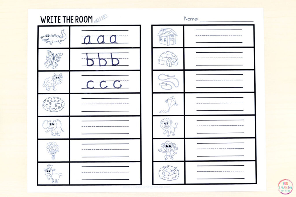 A free recording sheet for the snowman letter sounds write the room alphabet activity.