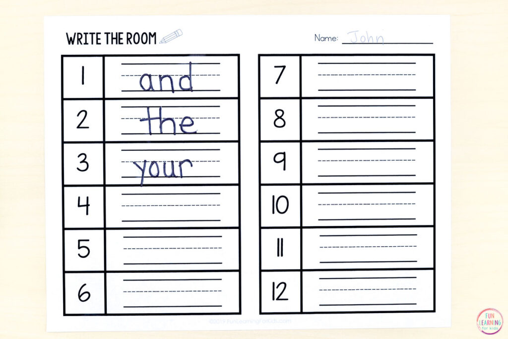 Free printable recording sheet for the editable snowman write the room word work activity.