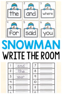 Snowman write the room editable word work activity.