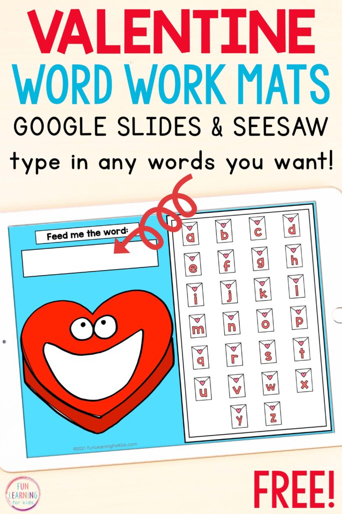 Free digital word work activity for Valentine's Day theme lesson plans. Use on Seesaw or Google Slides.