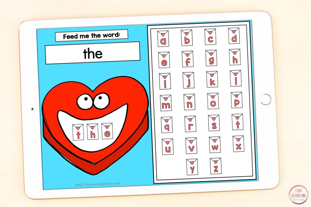 Digital Valentine's Day literacy learning activity for kids in kindergarten, first grade and second grade.