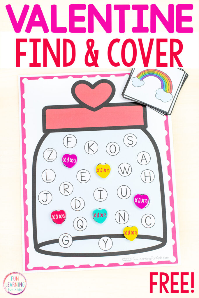 A free printable Valentine's Day heart theme alphabet activity for kids. Picture shows letters all over a Valentine's theme jar. There is also a stack of beginning sound picture cards. Some of the letters have already been covered with heart shaped mini erasers of various colors.