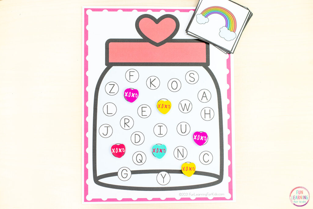A fun alphabet activity for your Valentine's Day alphabet centers for kids.