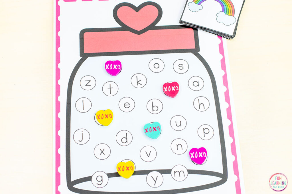 Free printable Valentine's Day alphabet and letter sounds learning activity for practice with letter recognition and beginning letter sound identification.