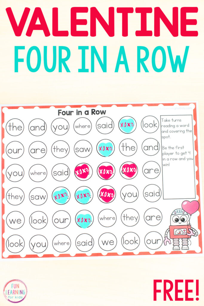 Free editable Valentine's Day four in a row literacy activity for kids. This four in a row game has a red border and a Valentine robot theme. Type in any words you want and all the spaces on the game board fill in for you. 