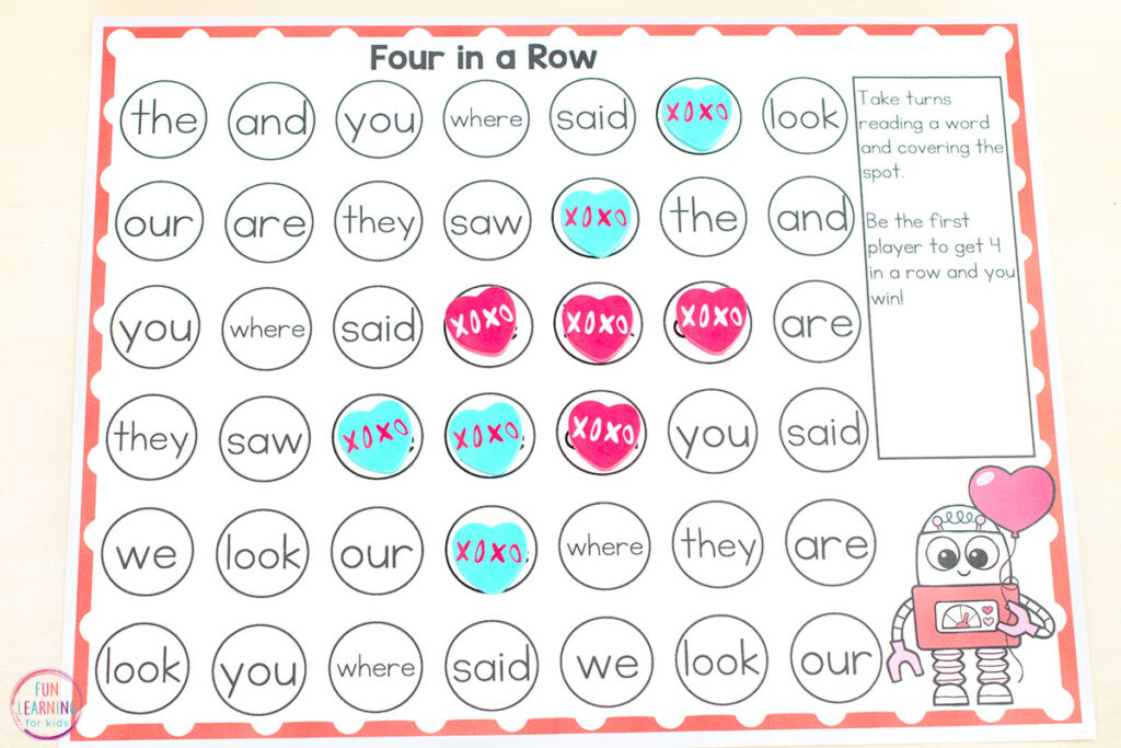 Free printable Valentine's Day four in a row game for kids. 