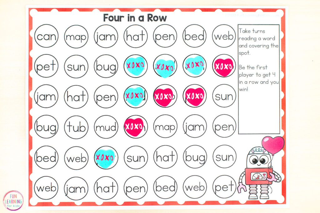 A fun Valentine's Day printable game for kids to learn words, letters, numbers, math facts and more.
