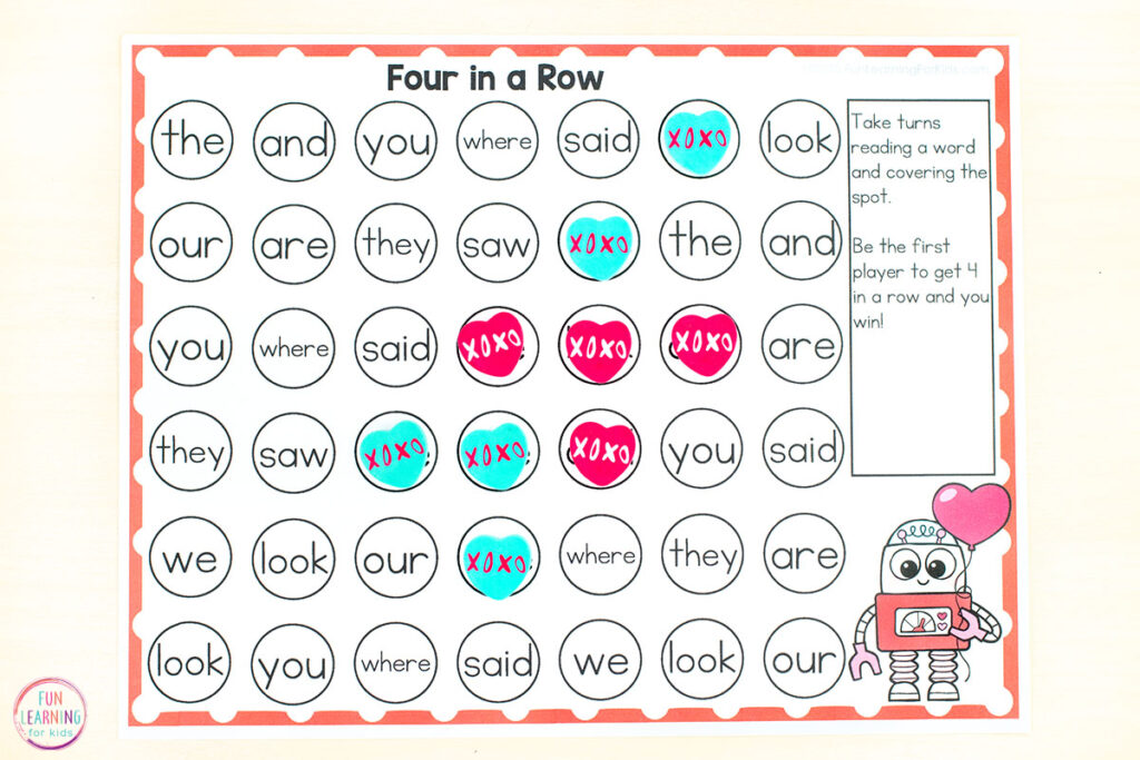 A free printable Valentine's Day theme learning activity for kids to learn literacy skills or math facts in kindergarten, first grade or second grade.