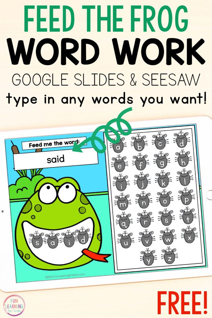 Digital frog feed me word work mats for Slides and Seesaw. Perfect for preschool, kindergarten and first grade.