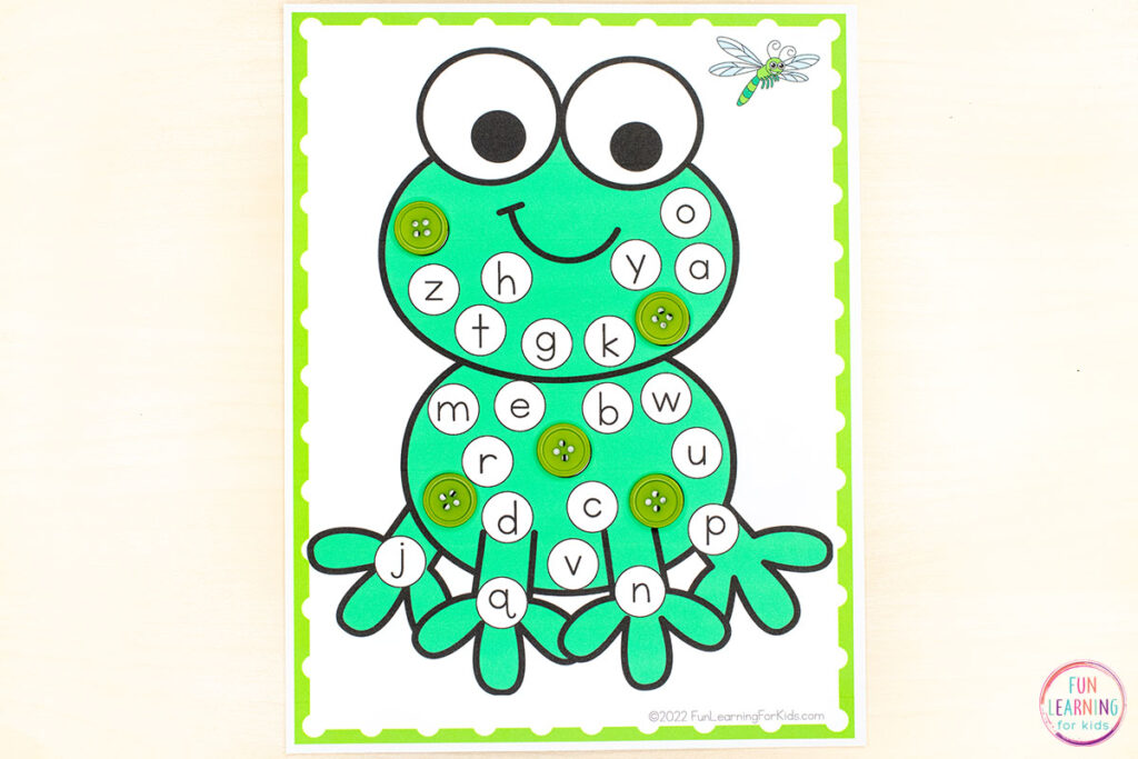 Frog theme alphabet mat for learning letter identification and to isolate beginning sounds in words.
