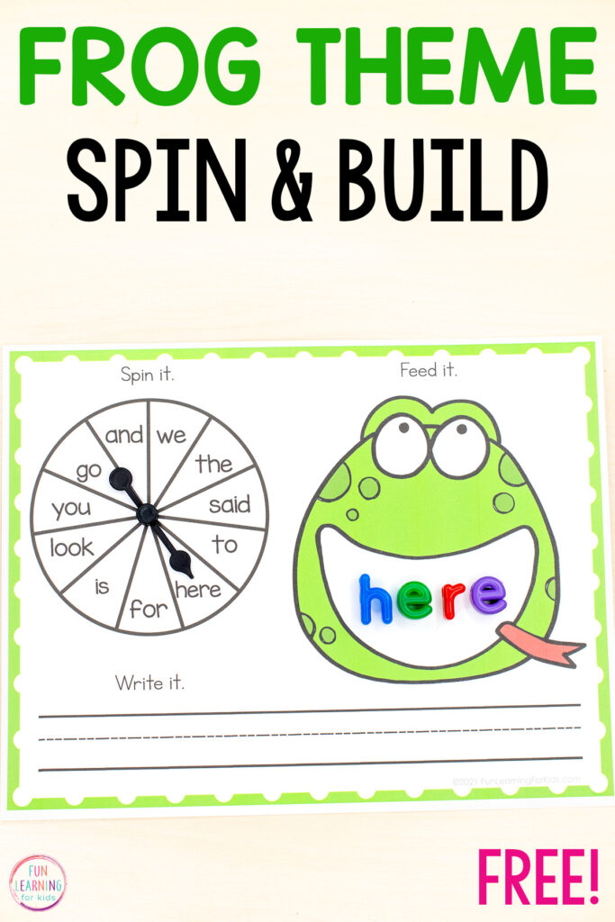 Free editable frog spin and build mats for pond theme literacy centers in preschool, kindergarten and first grade.