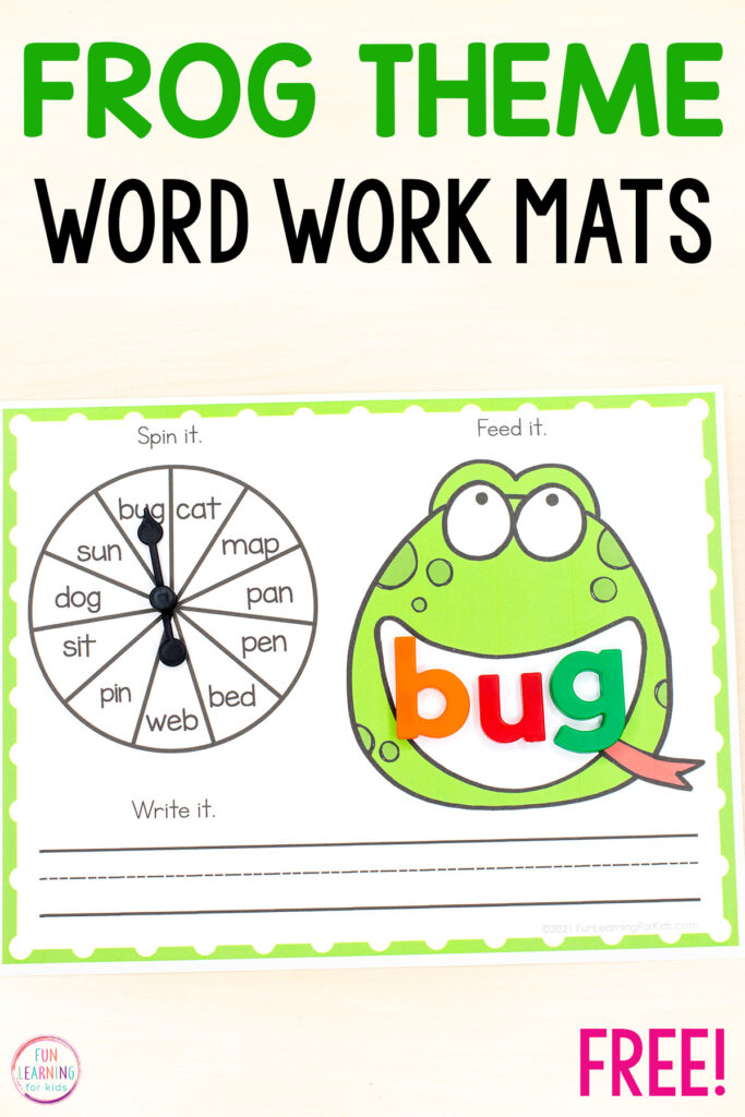 Free editable frog word work activity for practice reading, spelling and writing words. Spin the spinner, feed the frog by building the word on his mouth and then write the word on the handwriting lines.