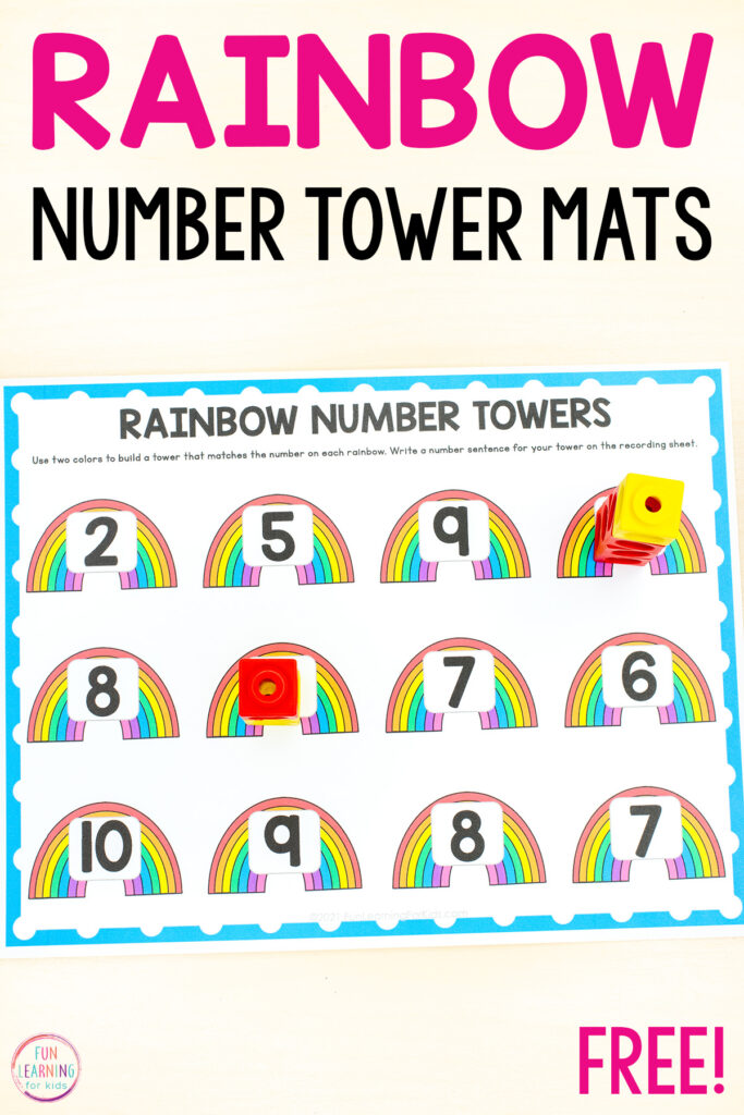 Rainbow number towers math activity for students to practice composing and decomposing numbers while building towers on each rainbow. This mat has a number on each rainbow and students compose a tower to match the number.