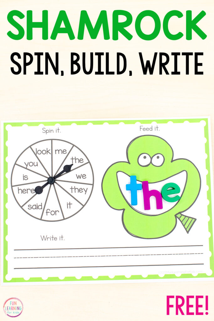 Shamrock spin and build mats for word work. Perfect for learning sight words, CVC words, spelling and more!