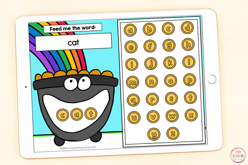 Free St. Patrick's Day word work literacy activity for kids. Use on Seesaw or Google Slides.