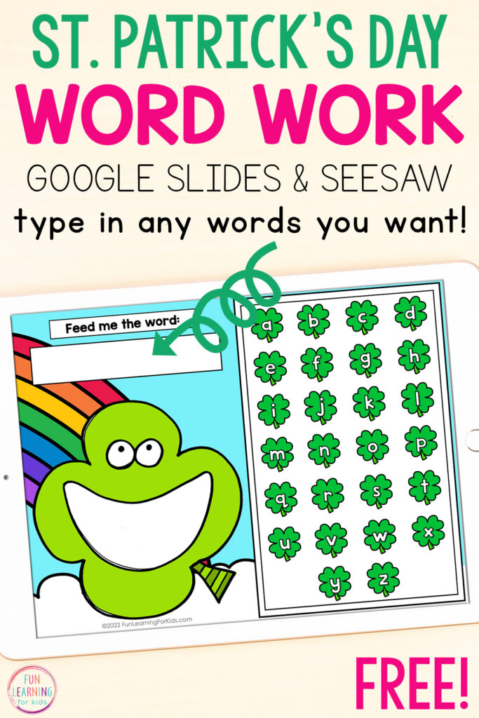 Free digital shamrock word work activity for Google Slides and Seesaw.