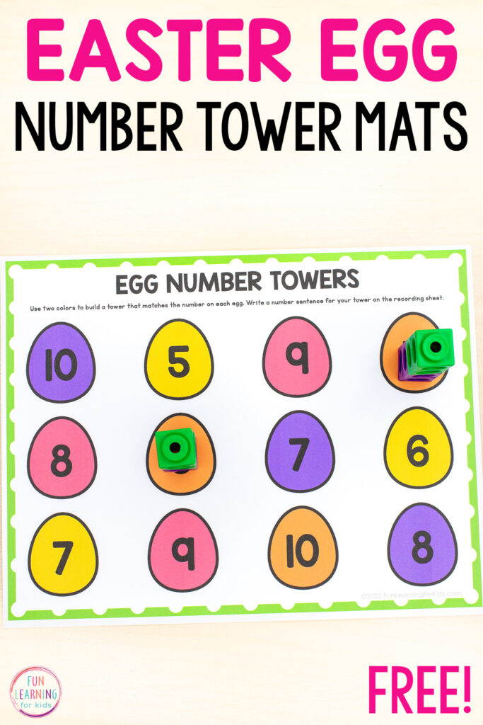 A free Easter egg number towers math activity for your math centers in preschool and kindergarten.