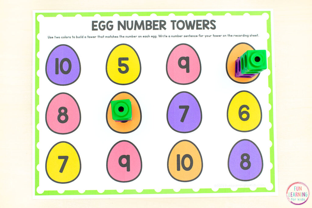 Free printable Easter egg number towers math activity for kids to learn to count compose numbers to ten and write number sentences. 
