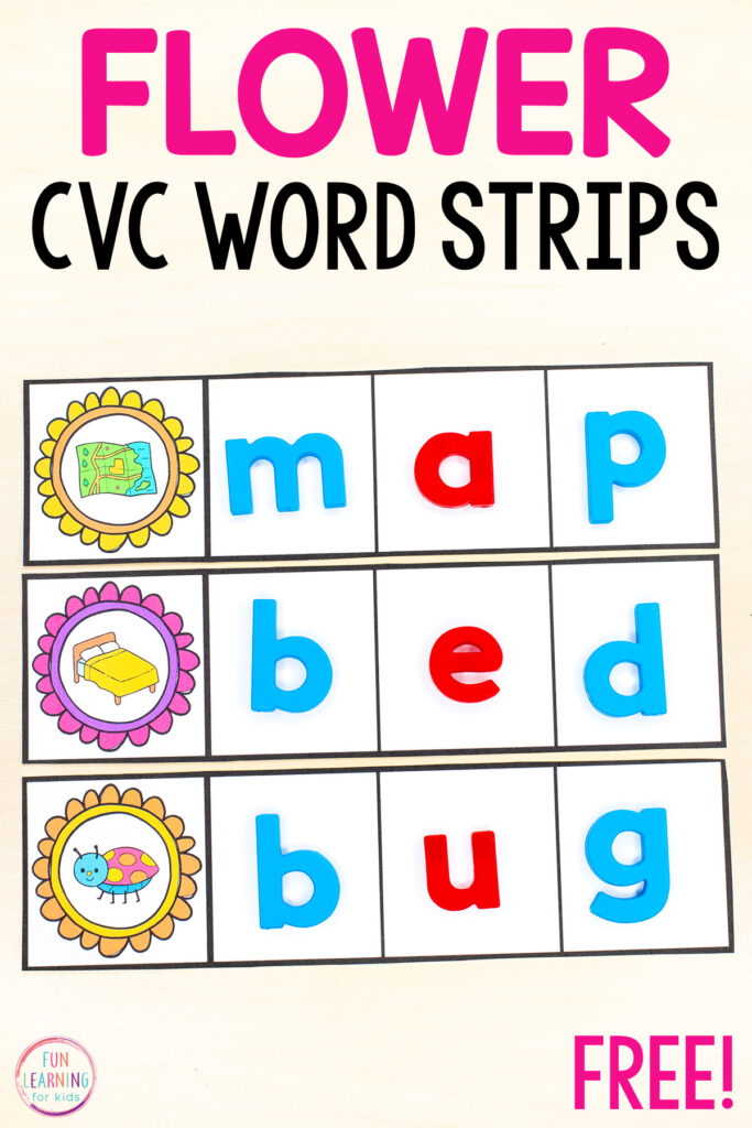 Free flower CVC word building strips for learning CVC words this spring. Pictures show strips that have 4 rectangles in a row. The first one has a flower with a CVC picture in the middle. The other 3 rectangles are spaces for students to place each letter of the CVC word.