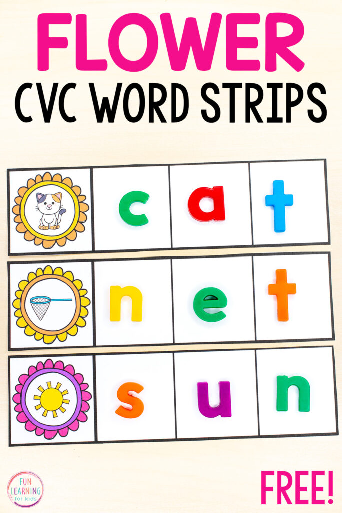 Free printable flower theme CVC word building strips for learning to isolate sounds and spell CVC words.