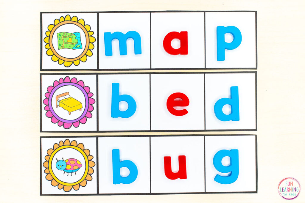 A free flower theme CVC word building activity for kids.