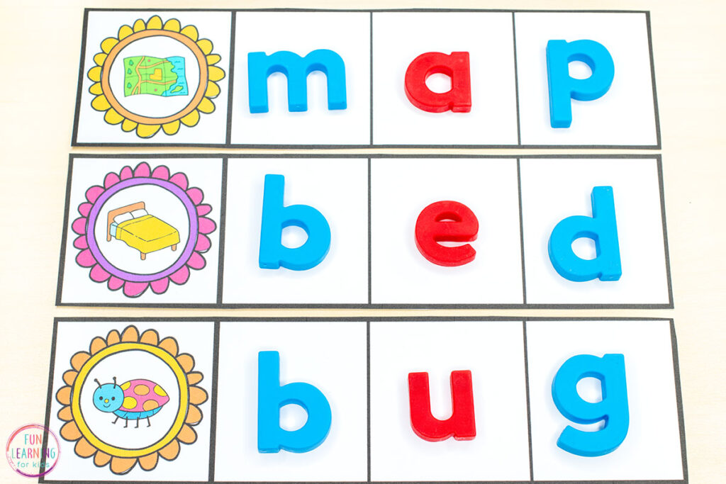 Free spring theme CVC word work activity for learning to isolate beginning, middle and ending sounds and spell CVC words.