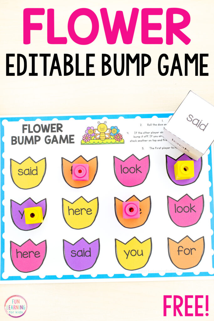Free printable editable flower bump game for word work in kindergarten and first grade.