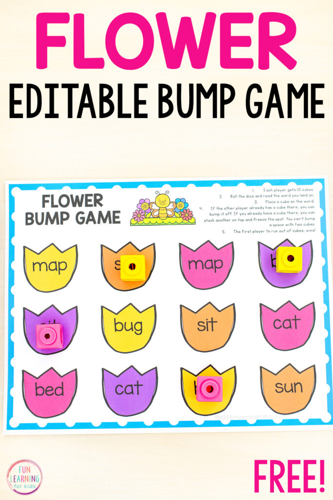 Flower bump game for spring literacy centers in kindergarten and first grade.