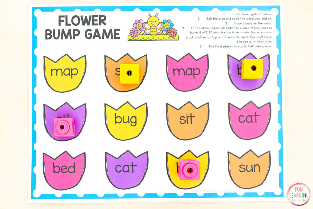 Free flower theme editable board game for learning to read words this spring!
