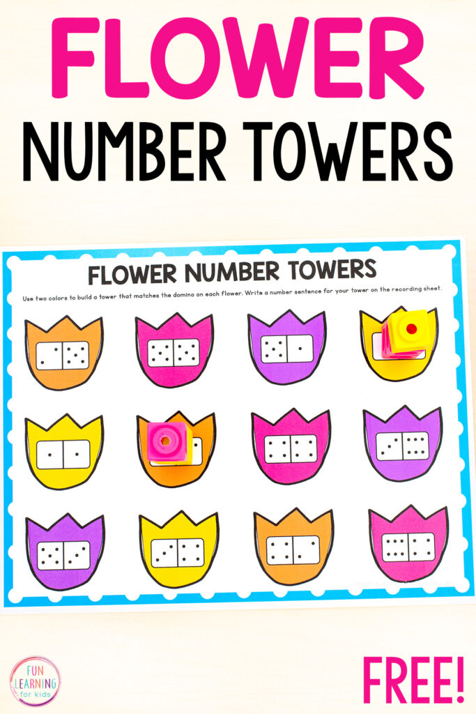 A free printable flower number towers math activity for your spring math centers in preschool or kindergarten.