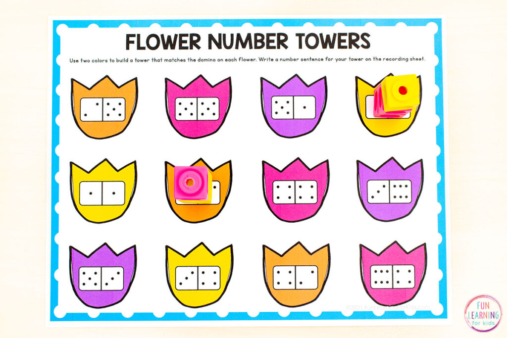 Free printable flower number sense math mats for learning to count or compose and decompose numbers to ten.