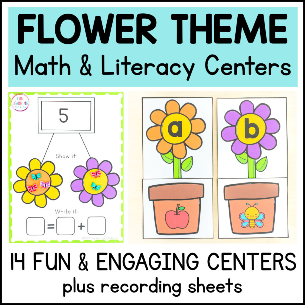 Flower theme math and literacy centers for preschool and kindergarten. 14 fun and engaging centers, plus recording sheets!