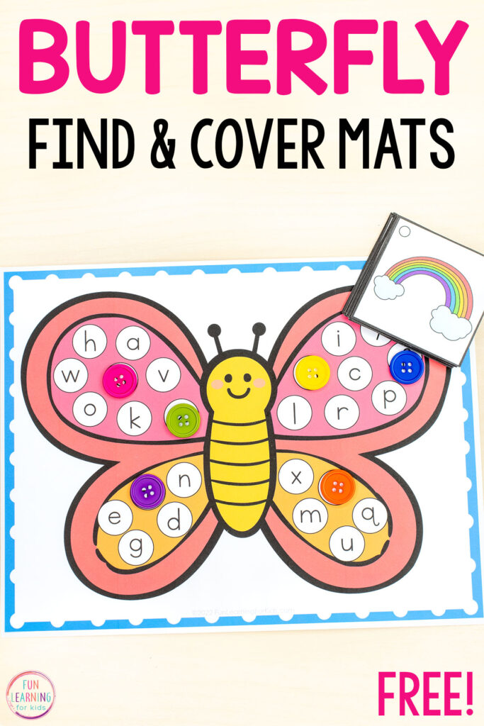 Free printable butterfly find and cover  beginning sounds mats for preschool and kindergarten.