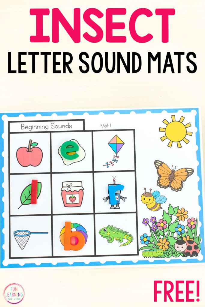Free printable insect letter sounds mats literacy activity for kindergarten and preschool.
