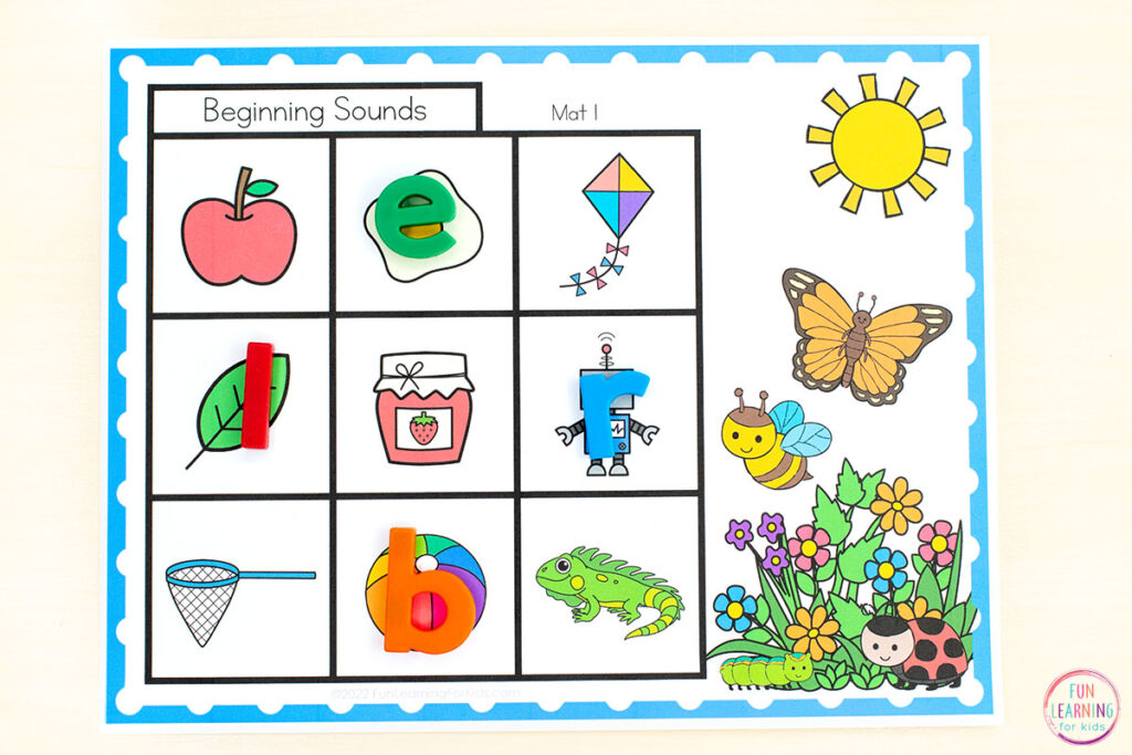 An insect theme letter sounds isolation phonics activity for kindergarten.