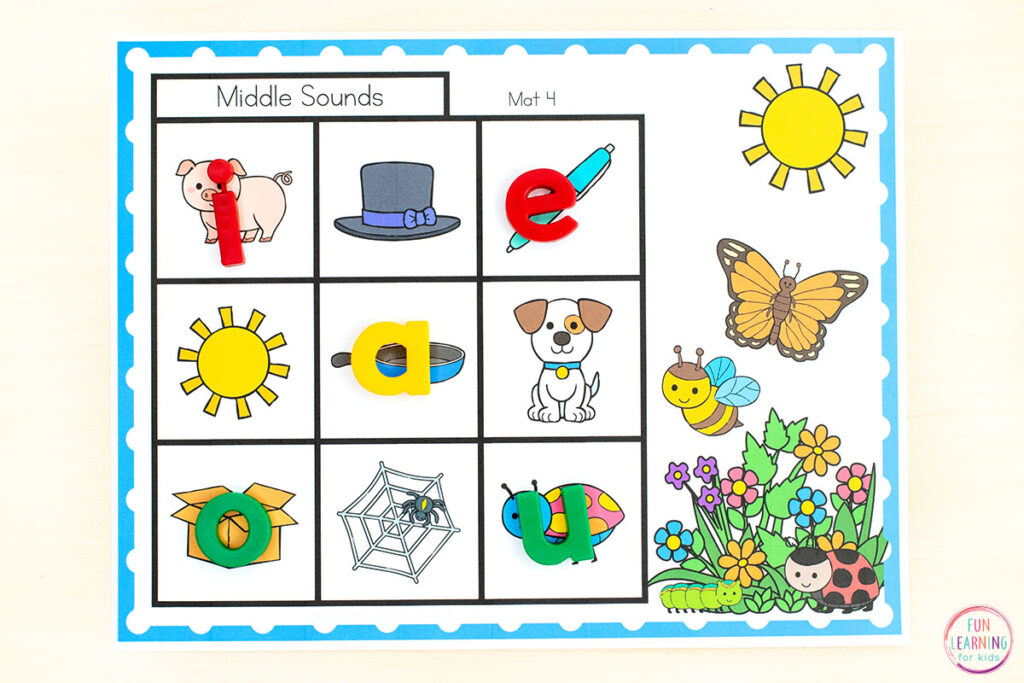 Insect theme letter sounds mats to learn to isolate beginning, middle and ending sounds. A fun hands-on phonics activity.