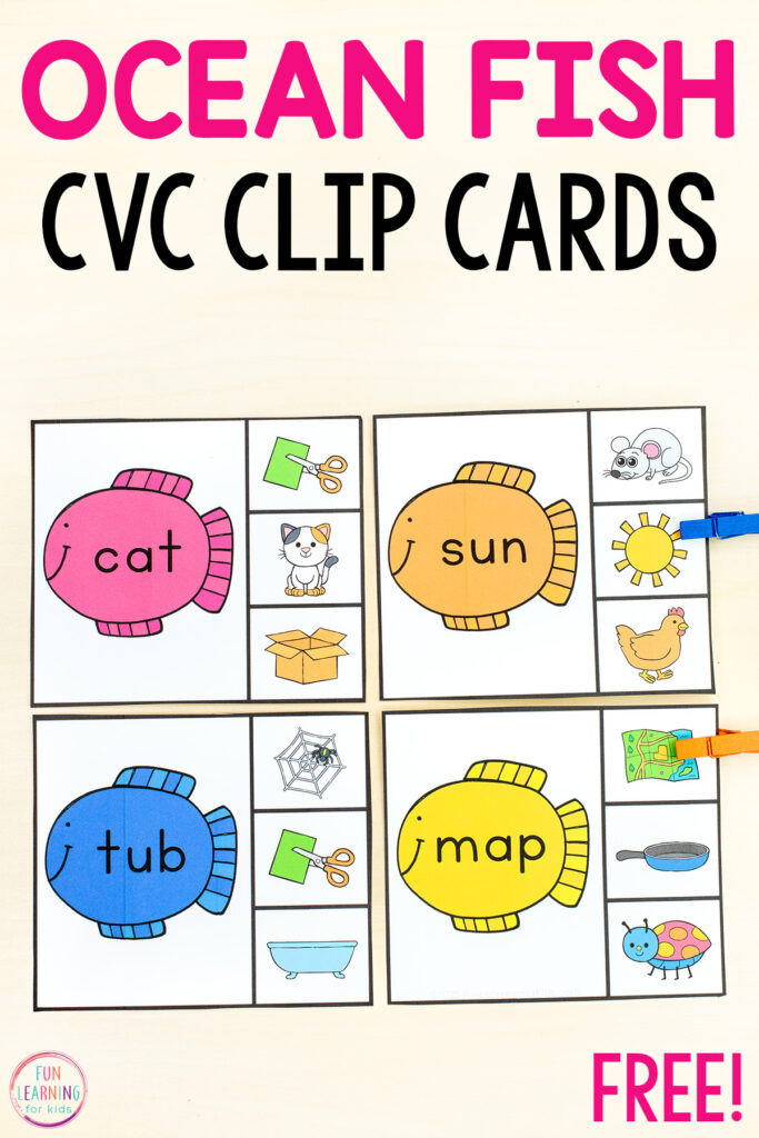 Fish CVC word clip cards for kindergarten and first grade literacy centers. Perfect for an ocean theme!