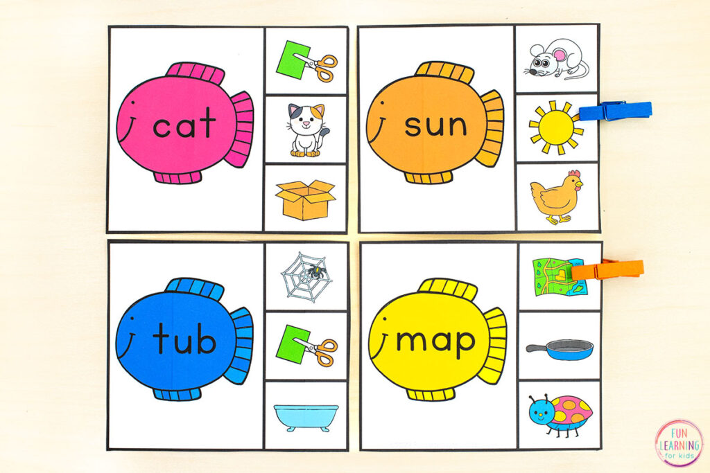 Fish theme CVC words activity for kids who are learning to read simple CVC words. The fish has the word on it and then students clip one of the three CVC pictures that match the word they read on the fish.