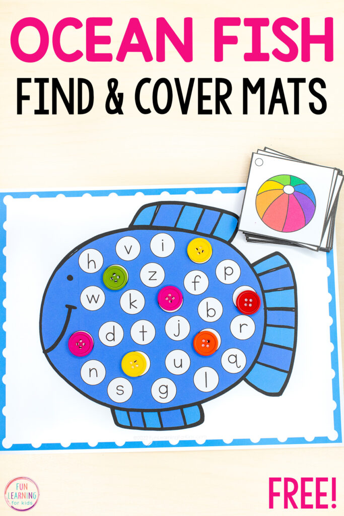 Fish find and cover beginning sounds letter mats for preschool and kindergarten literacy centers during your ocean theme.