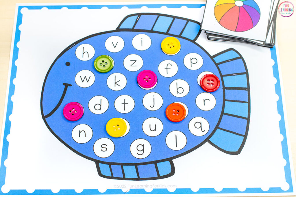 Fish find and cover alphabet activity for practice with letter recognition and beginning sounds identification.