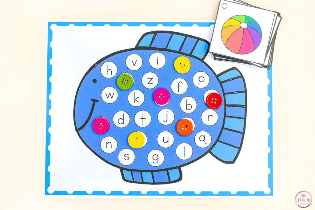 Fish alphabet activity for learning letters and beginning sound isolation.