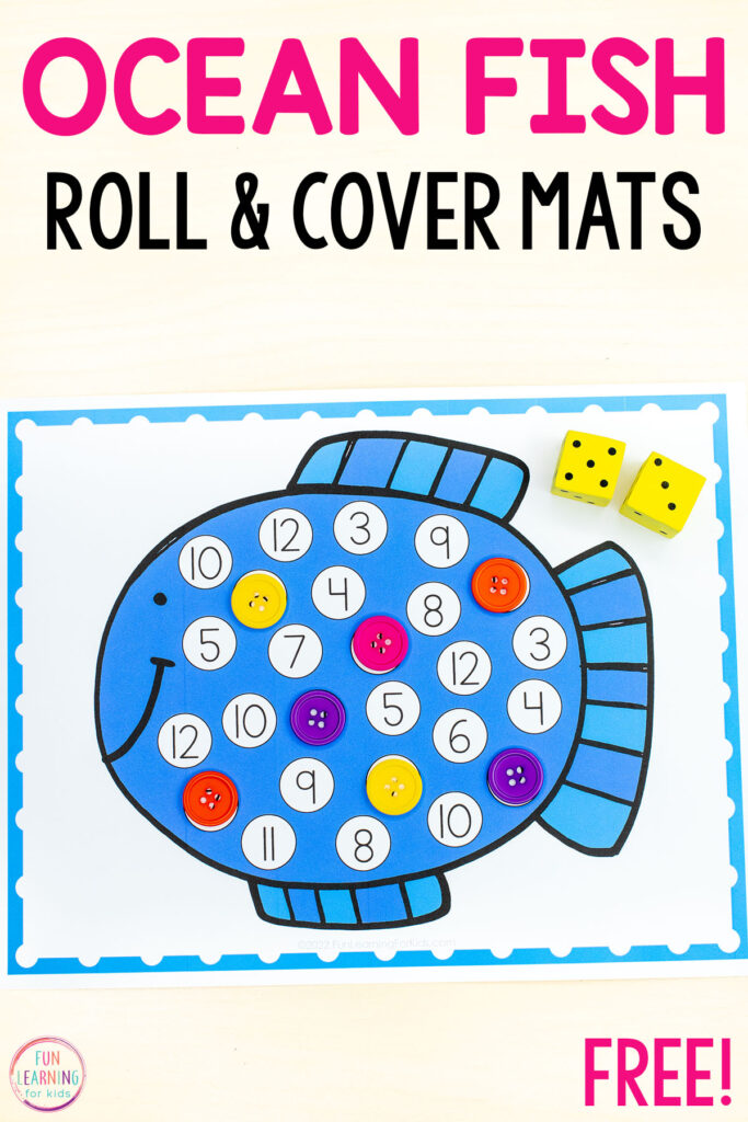 Free fish theme roll and cover the number addition math activity for kids.
