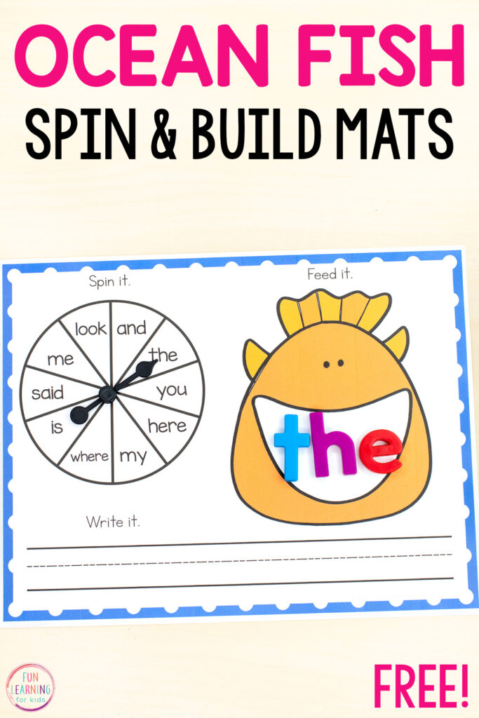 Free editable feed the fish spin and build word work activity for your ocean theme literacy centers.