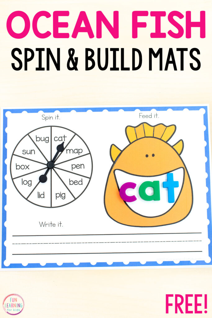 Free printable fish word work mats. Spin the spinner, read the word, build the word and write the word - all on one mat!